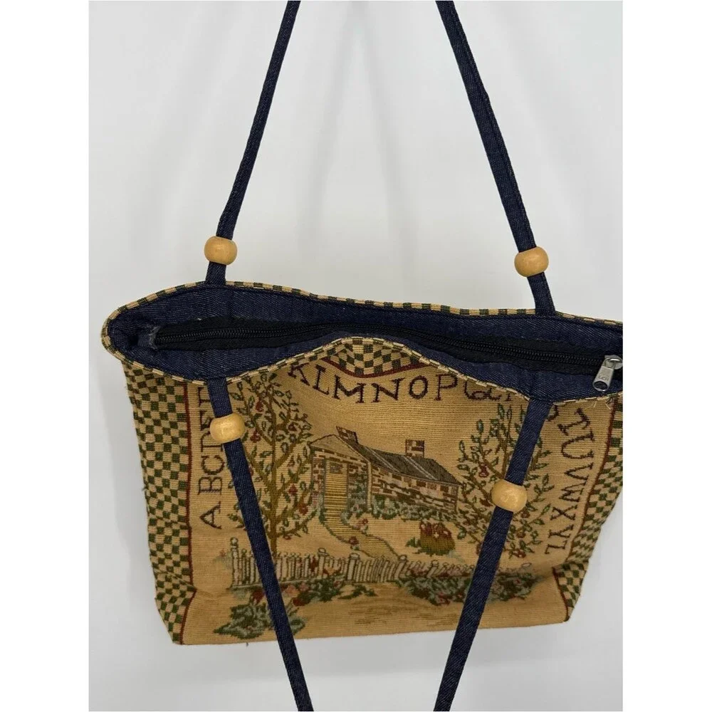 Vintage Tapestry Tote Bag House Alphabet Cottagecore Shoulder Bag Folk Art